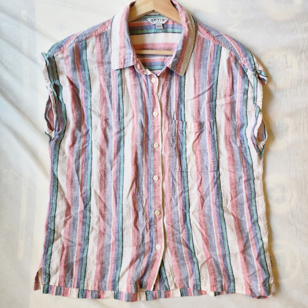 Orvis Button Down Shirt Women Smal Multi Stripe Excellent Linen Blend Cap Sleeve